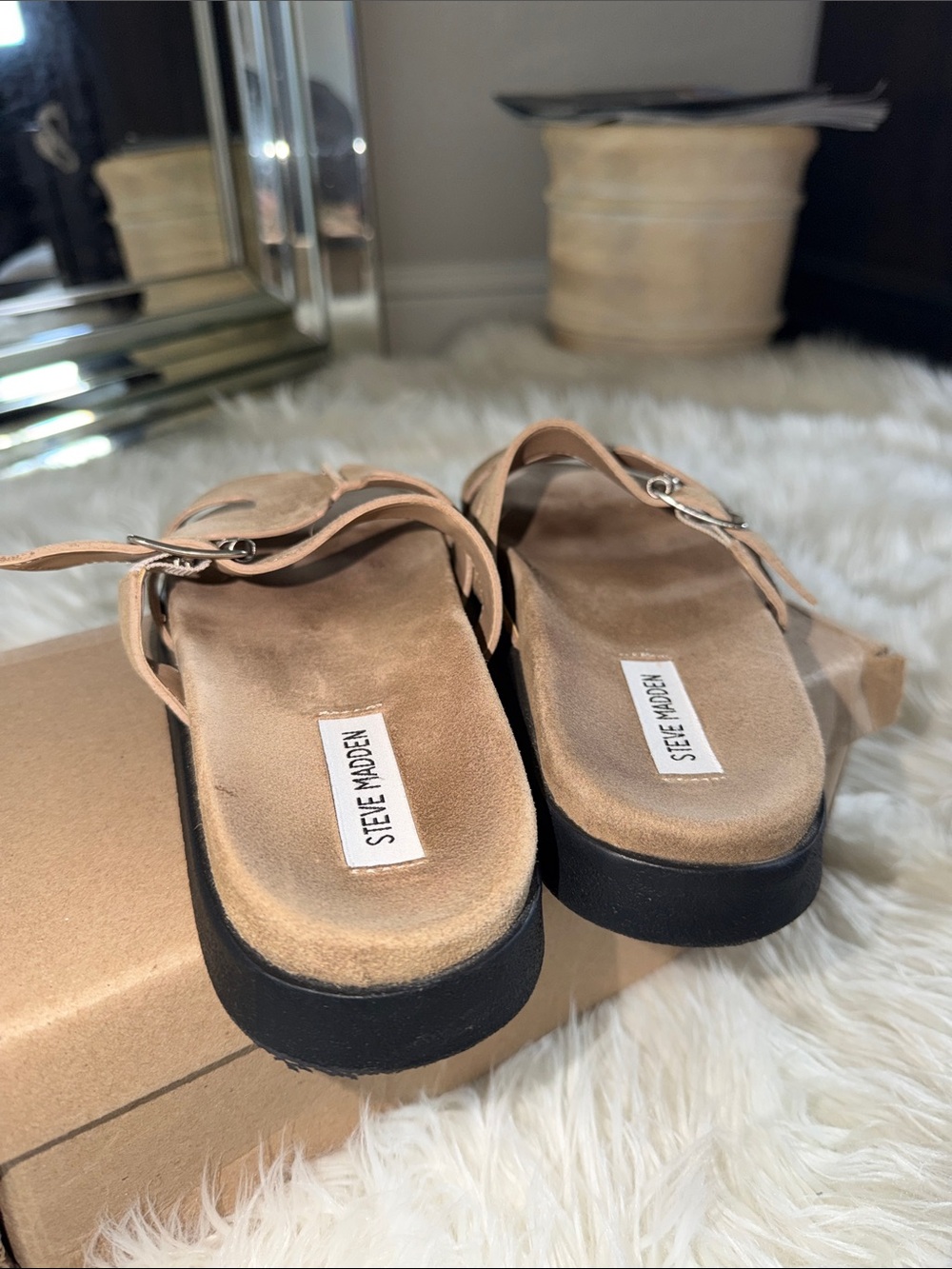 Steve Madden Mayhem Tan Suede Buckle Slide Sandals - Picture 9 of 13